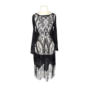 SHEIN Black Lace Fringe Dress XS BOHO Gothic Sheer Festival Cover Up Vintage